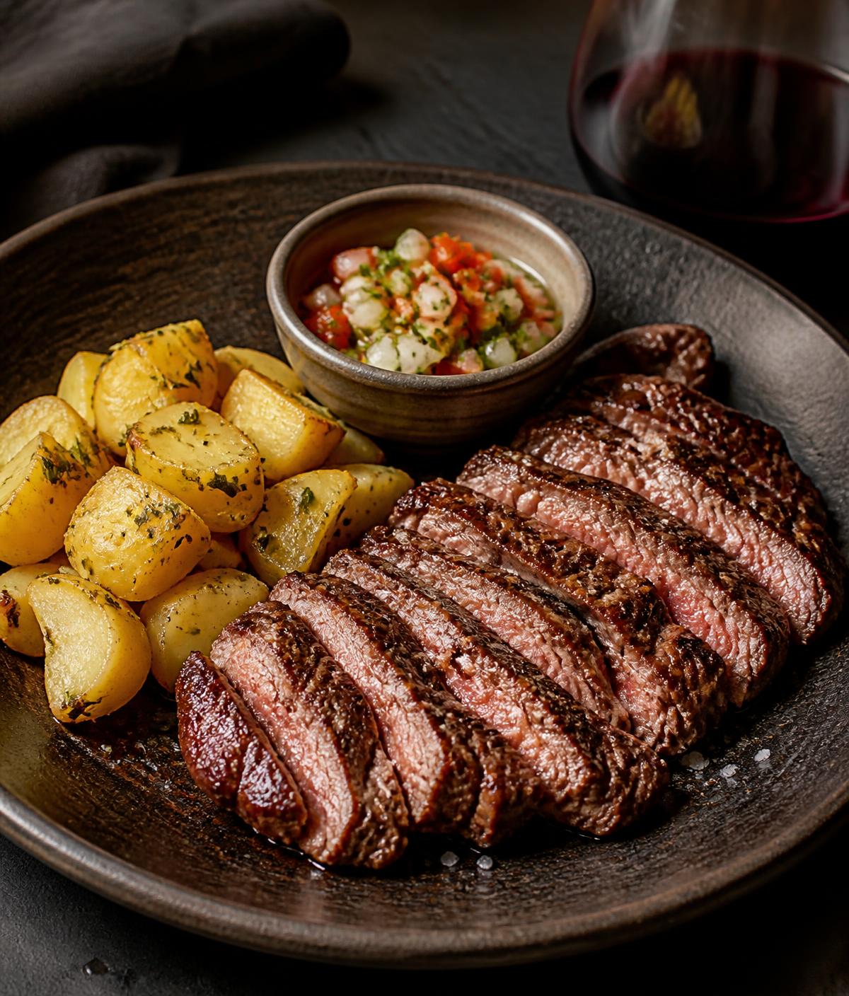 Entraña con papas a la provenzal y salsa criolla