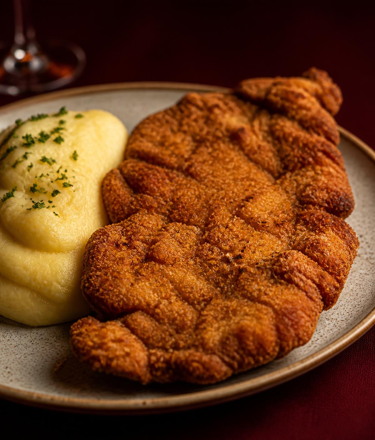 Milanesa crujiente de carne con puré
